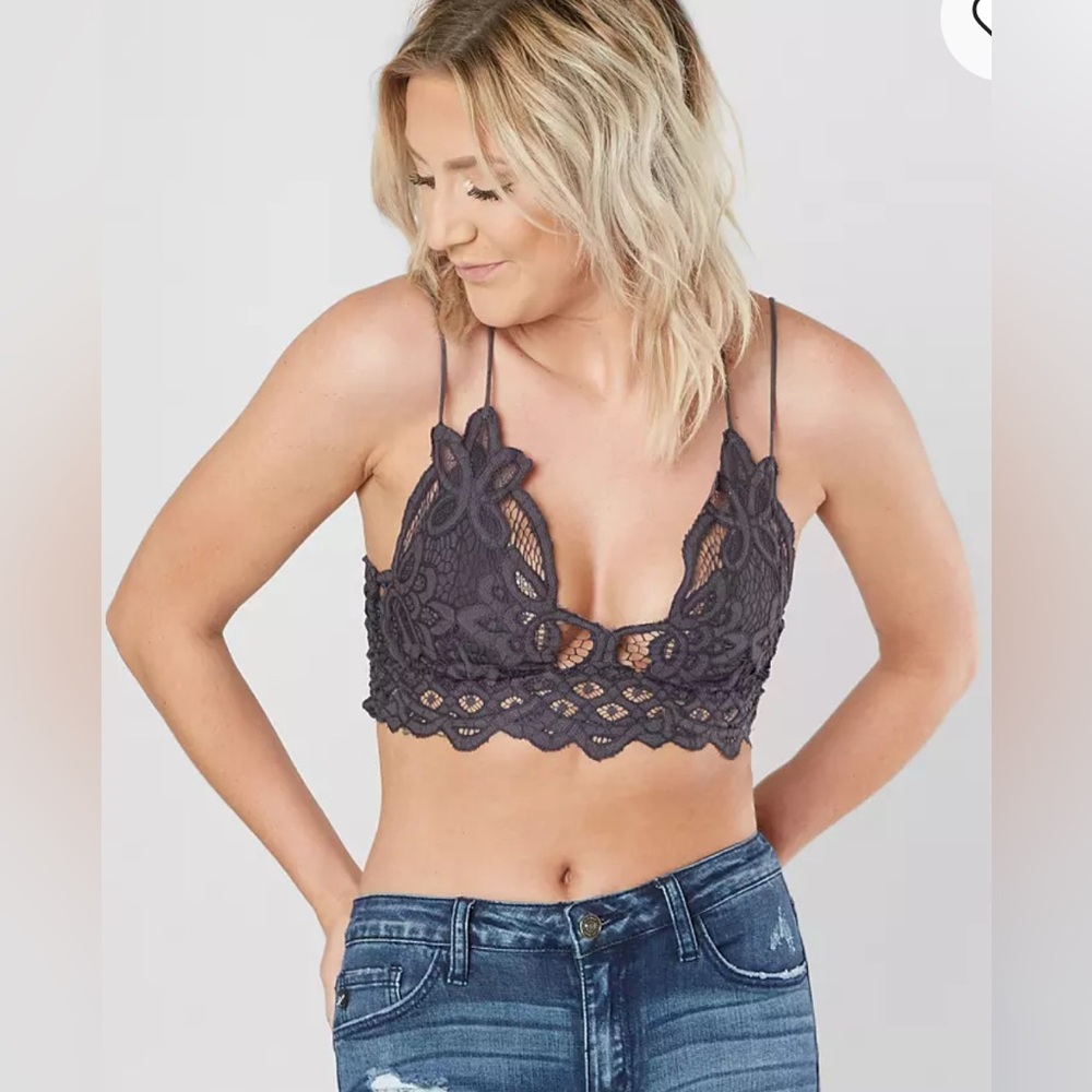 NWT Free People Adella Crochet Lace Plunge Neck Bralette color: Dark Grey
